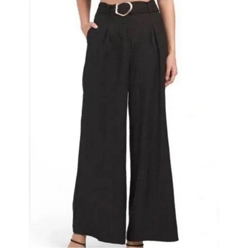 House of Harlow Pants 6 Wide Leg Belt With Gold Bucle Black Linen Blend